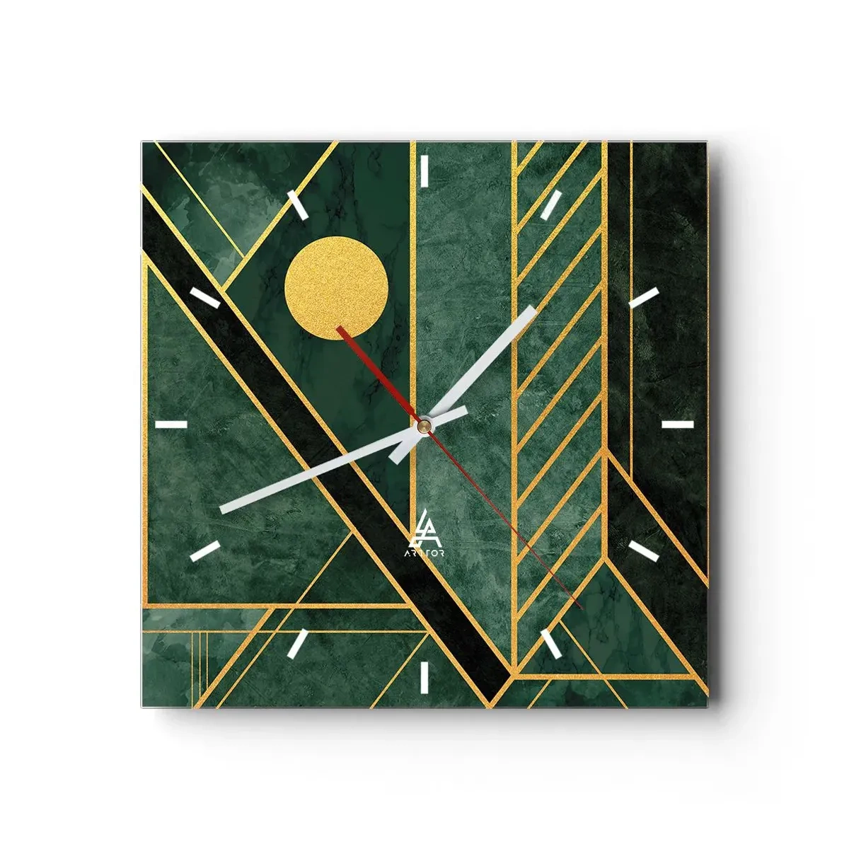 Zegar ścienny - Geometria w zieleni i złocie z eleganckim wzorem - 30x30cm - Dynamika złota i lazuru - Nowoczesna dekoracja ścienna do salonu i sypialni ARTTOR