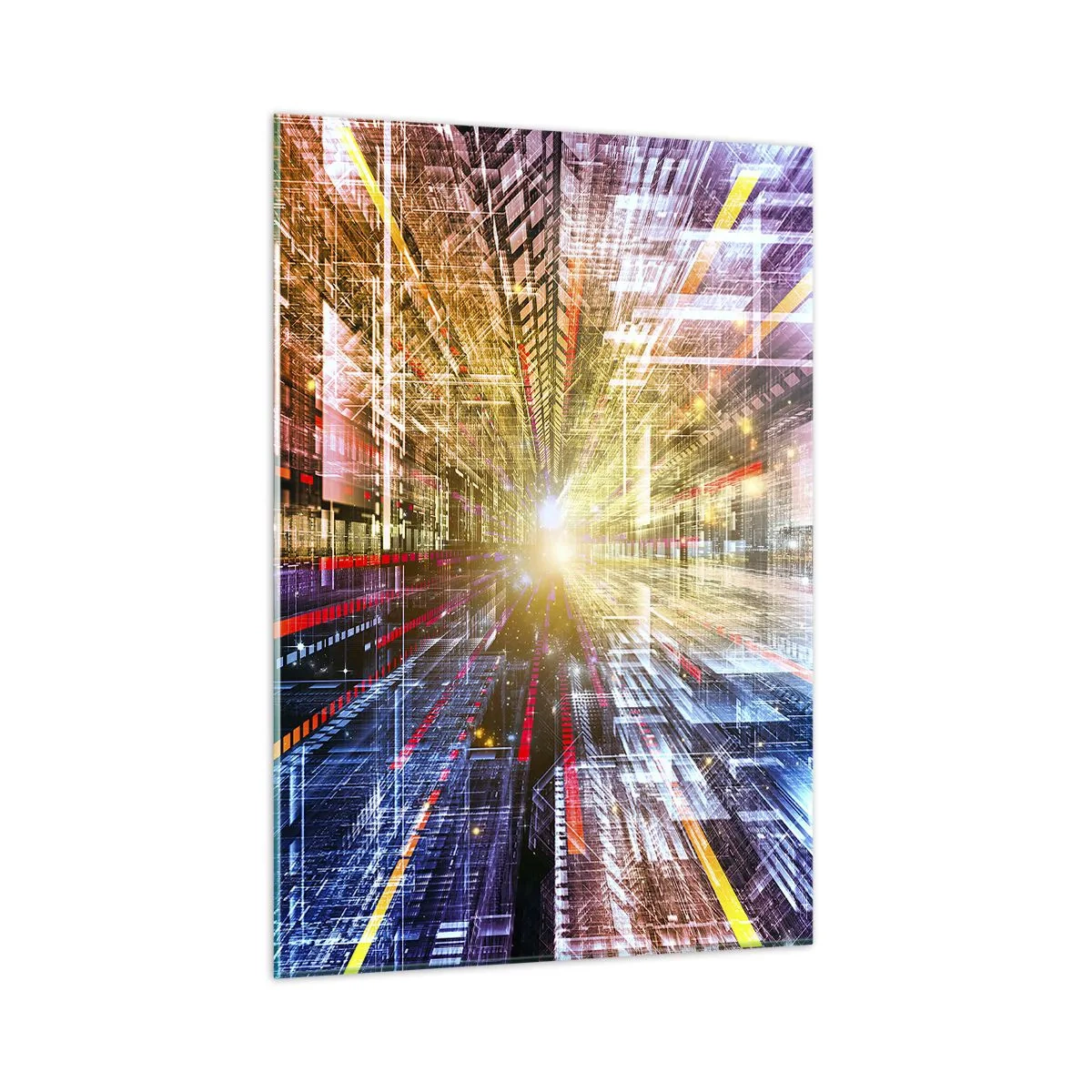 Obraz na szkle - Abstrakcyjna wizja z kolorowymi liniami i światłem - 50x70cm - Świetlny korytarz - Nowoczesna dekoracja ścienna do salonu, kuchni i sypialni ARTTOR