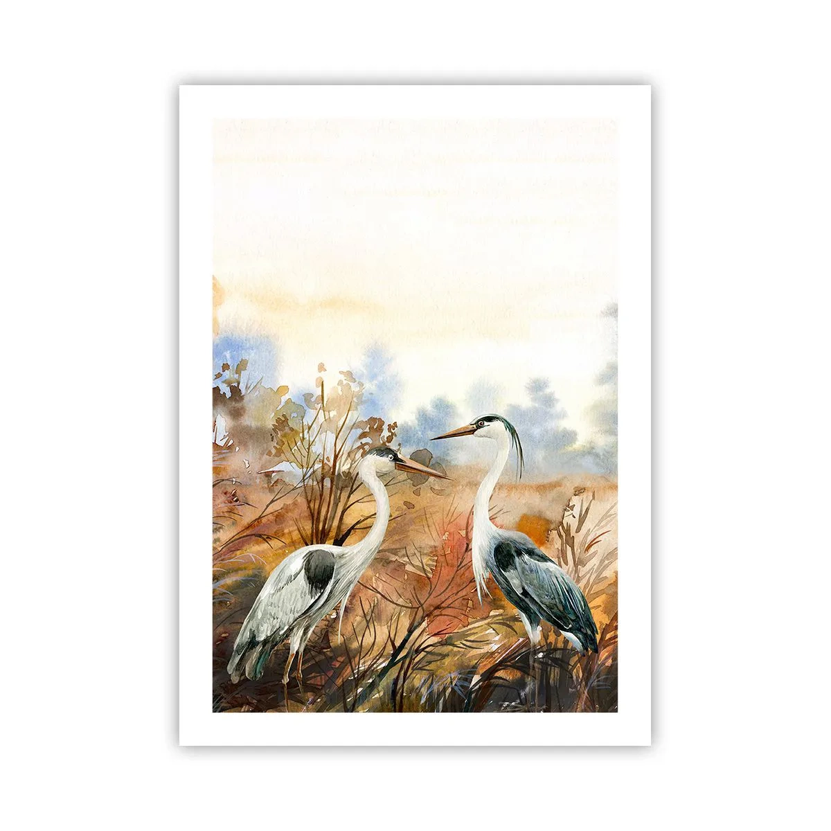 Plakat - Żurawie na tle jesiennego pejzażu w akwareli - 50x70cm - Dokąd jesienią? - Nowoczesna dekoracja ścienna do salonu, kuchni i sypialni ARTTOR