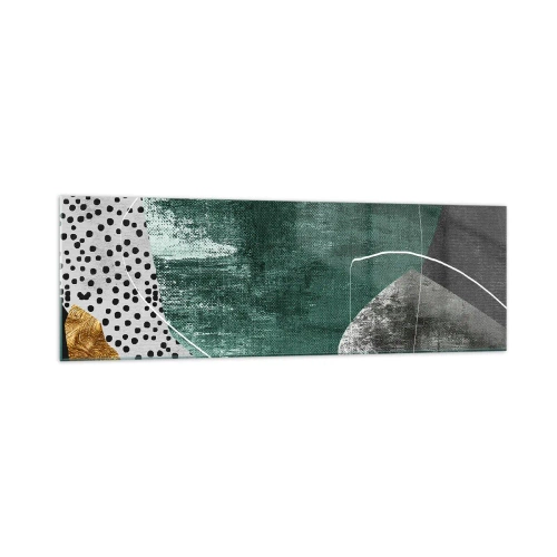 Obraz na szkle - Abstrakcyjna kompozycja z zielonymi kształtami i wzorami kropek - 160x50cm - Barwna abstrakcja z płatkiem złota - Nowoczesna dekoracja ścienna do salonu i sypialni ARTTOR