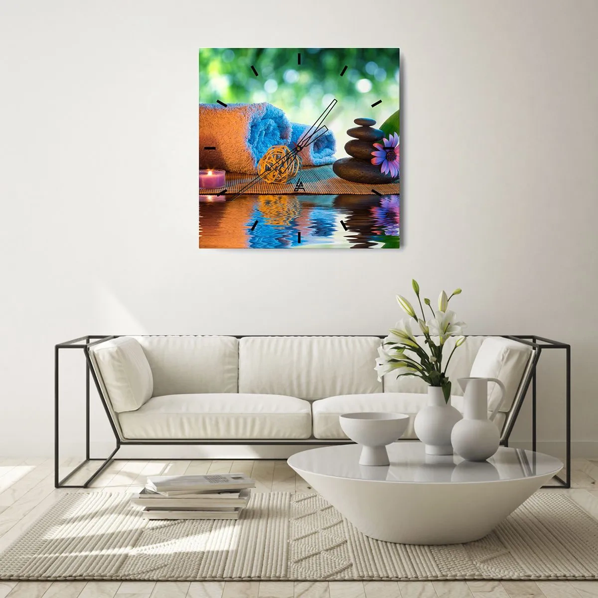 Zegar ścienny - Relaksacyjny zestaw SPA z ręcznikami, świecami i kamieniami - 30x30cm - Czas dla ciała - Nowoczesna dekoracja ścienna do salonu i sypialni ARTTOR