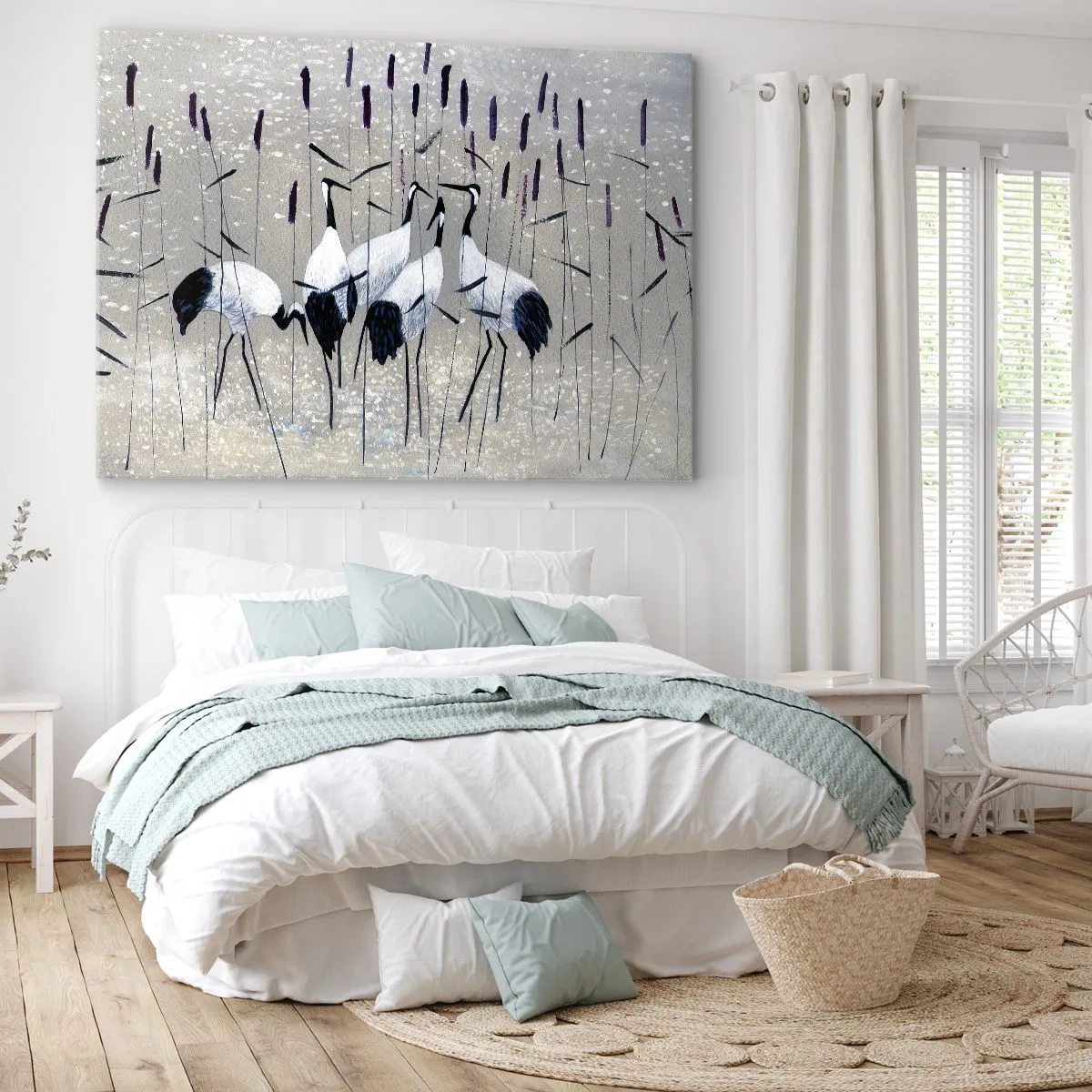 Obraz na płótnie - Czaple wśród traw na spokojnym tle - 100x70cm - Wśród swoich - Nowoczesna dekoracja ścienna do salonu, kuchni i sypialni ARTTOR