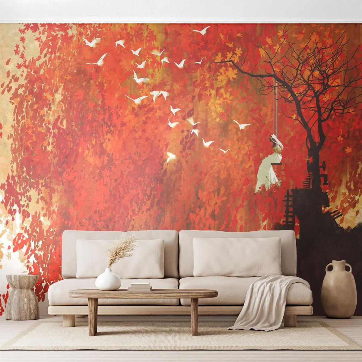 Fototapeta Premium Sand - Jesienna ilustracja z drzewem, huśtawką i ptakami - 100x70cm - Poleci z nimi? - Nowoczesna dekoracja ścienna do salonu, kuchni i sypialni ARTTOR