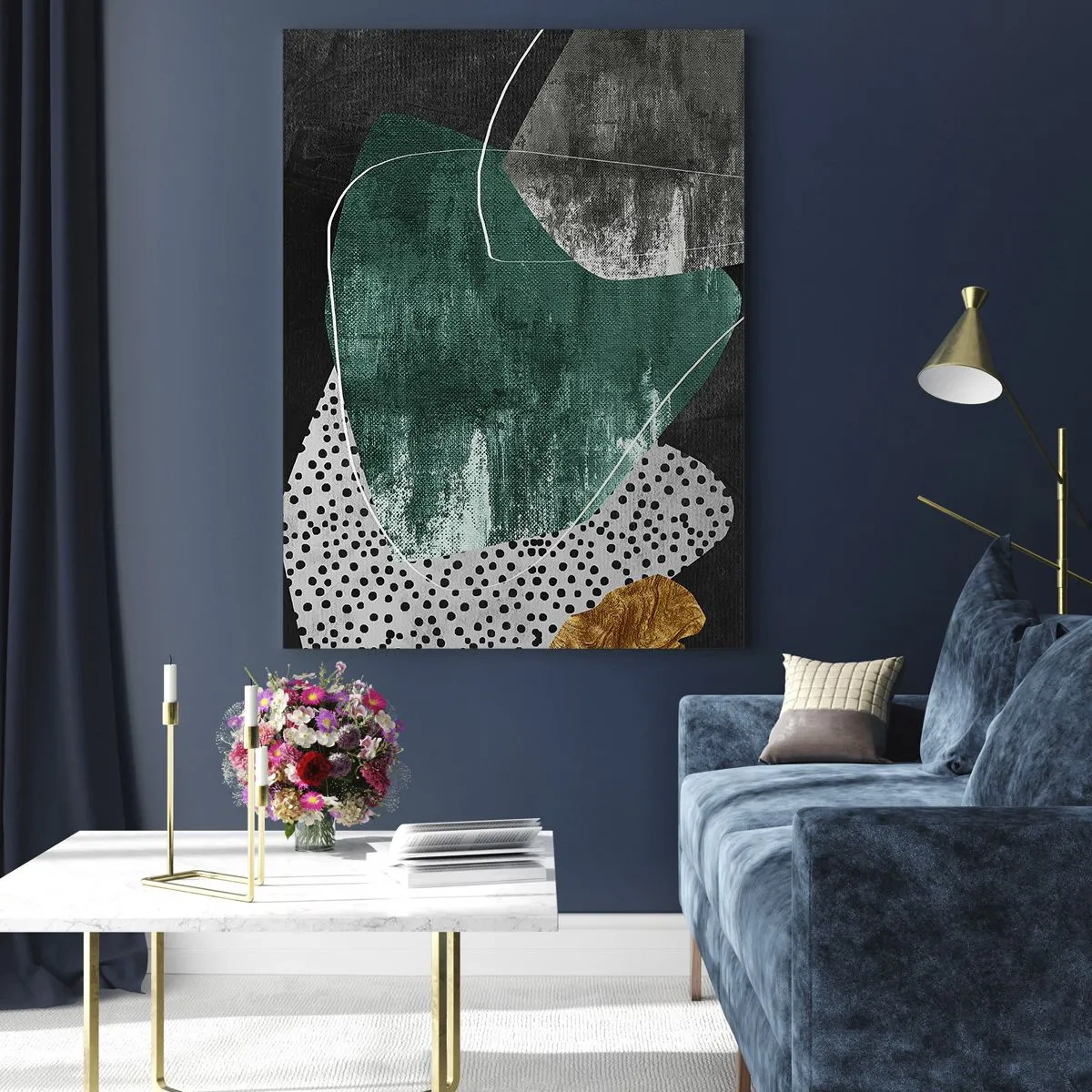 Obraz na szkle - Abstrakcyjna kompozycja z zielonymi kształtami i wzorami kropek - 70x100cm - Barwna abstrakcja z płatkiem złota - Nowoczesna dekoracja ścienna do salonu i sypialni ARTTOR