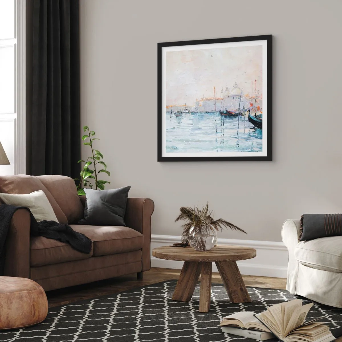 Plakat w czarnej ramie - Za wodą, za mgłą - 60x60 cm