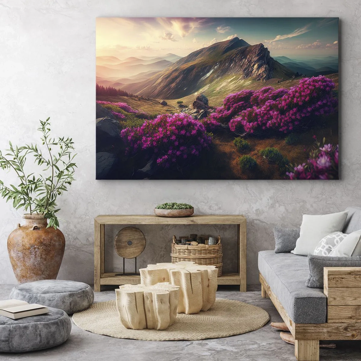 Obraz na płótnie - Górski krajobraz z kwitnącymi rododendronami - 70x50cm - Lato w górach - Nowoczesna dekoracja ścienna do salonu i sypialni ARTTOR