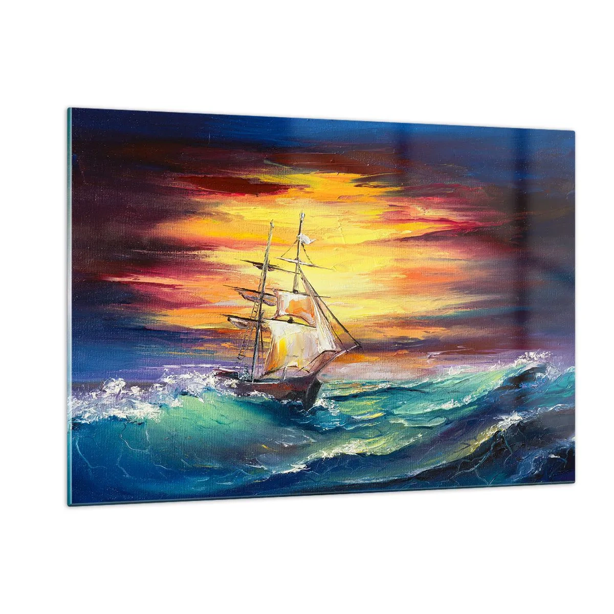 Obraz na szkle - Statek na wzburzonym morzu o zachodzie słońca - 120x80cm - Dzielnie pod fale - Nowoczesna dekoracja ścienna do salonu, kuchni i sypialni ARTTOR