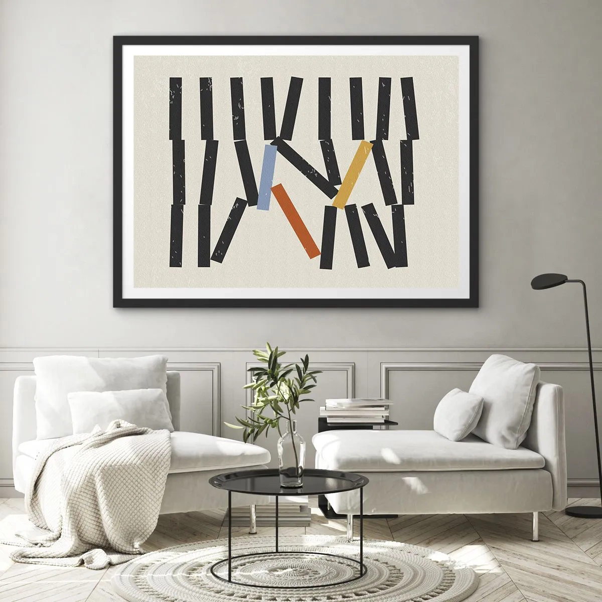 Plakat w czarnej ramie - Abstrakcyjna kompozycja z kolorowymi i czarnymi prostokątami - 70x50cm - Domino – kompozycja - Nowoczesna dekoracja ścienna do salonu i sypialni ARTTOR