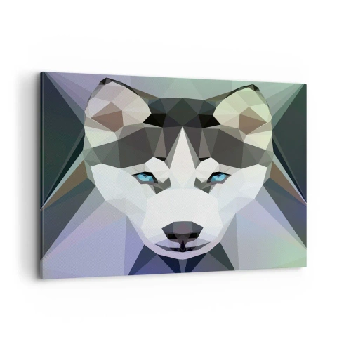 Obraz na płótnie - Wilk w geometrycznym stylu z wyrazistymi niebieskimi oczami - 120x80cm - Wspomnienie śniegów północy - Nowoczesna dekoracja ścienna do salonu, kuchni i sypialni ARTTOR