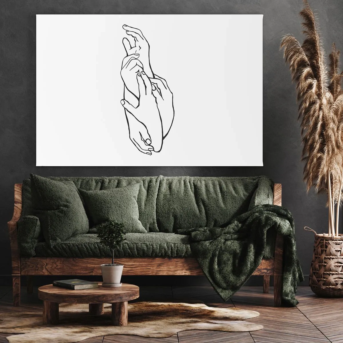 Obraz na płótnie - Minimalistyczny szkic dłoni splecionych w geście delikatności - 70x50cm - Dobry dotyk - Nowoczesna dekoracja ścienna do salonu i sypialni ARTTOR