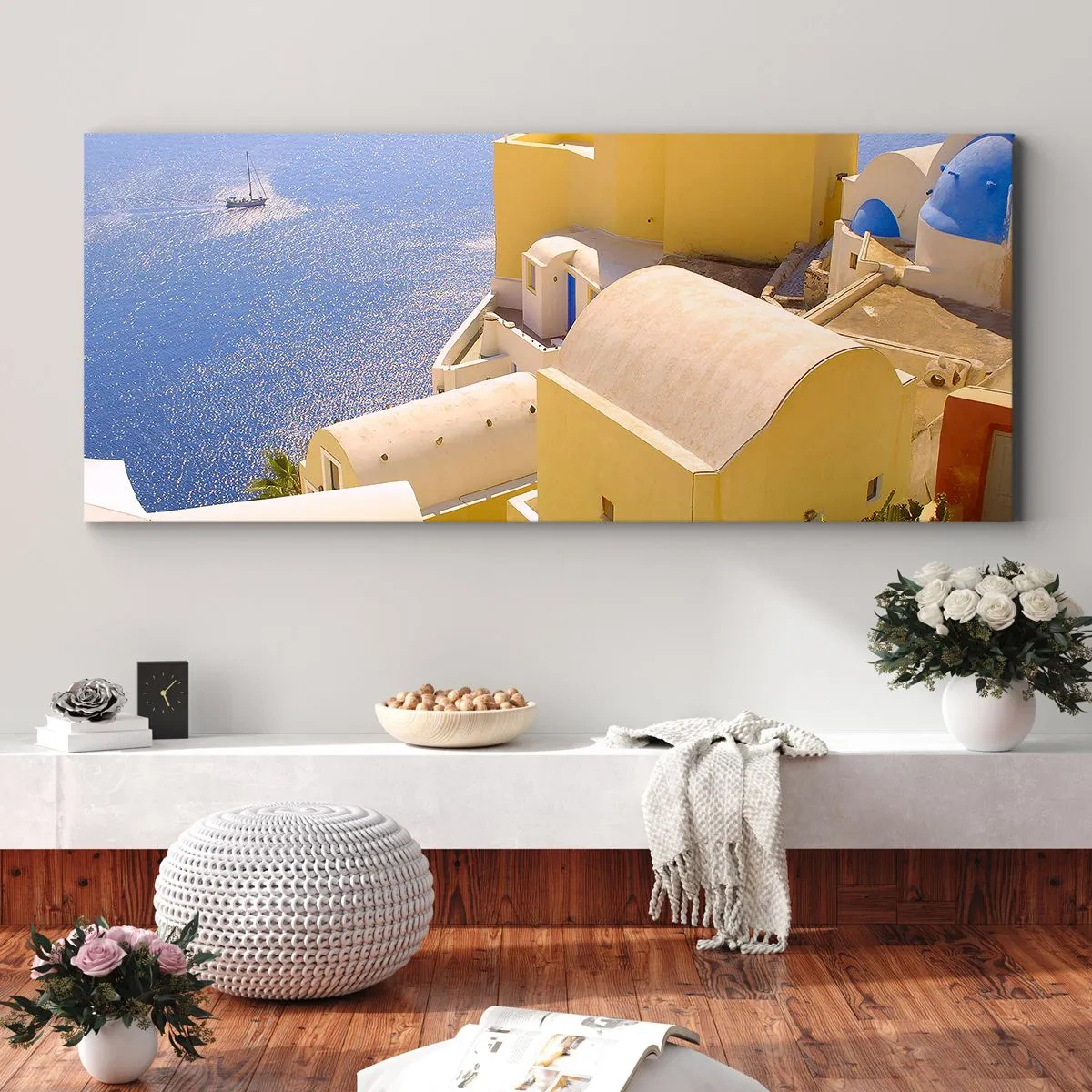 Obraz na płótnie - Grecki pejzaż w bieli i błękicie - 100x40 cm