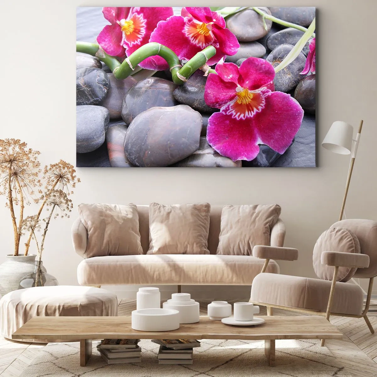 Obraz na płótnie - Różowe orchidee na tle gładkich kamieni - 120x80cm - Chłód i żar - Nowoczesna dekoracja ścienna do salonu, kuchni i sypialni ARTTOR