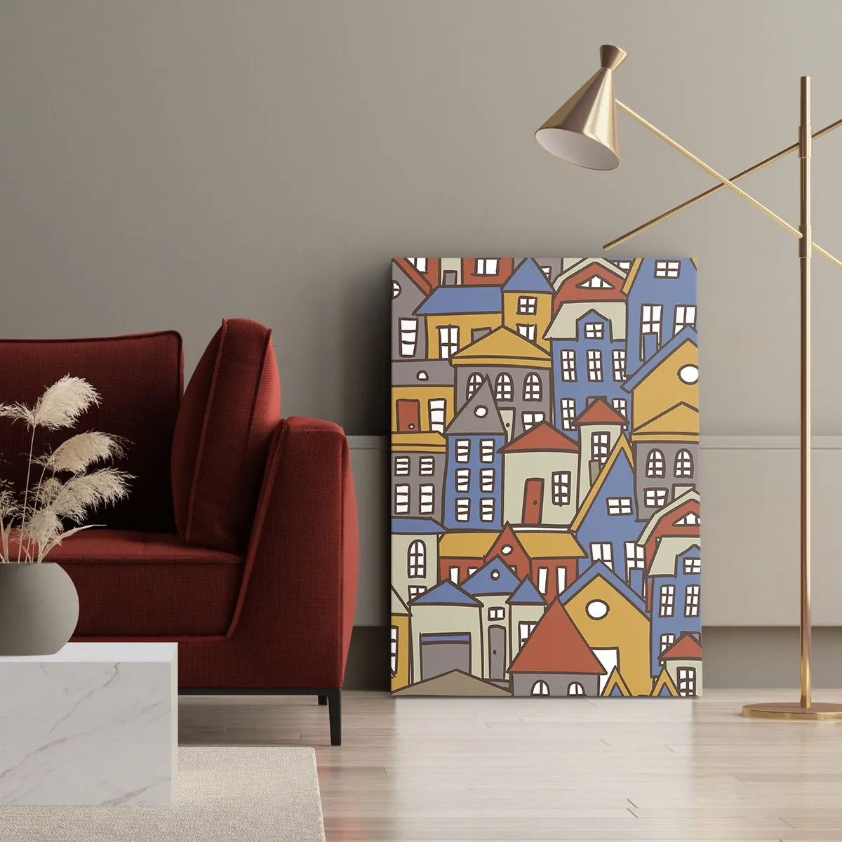 Obraz na płótnie - Kolorowe domki w stylu graficznym na jasnym tle - 70x100cm - Za domem dom - Nowoczesna dekoracja ścienna do salonu i sypialni ARTTOR