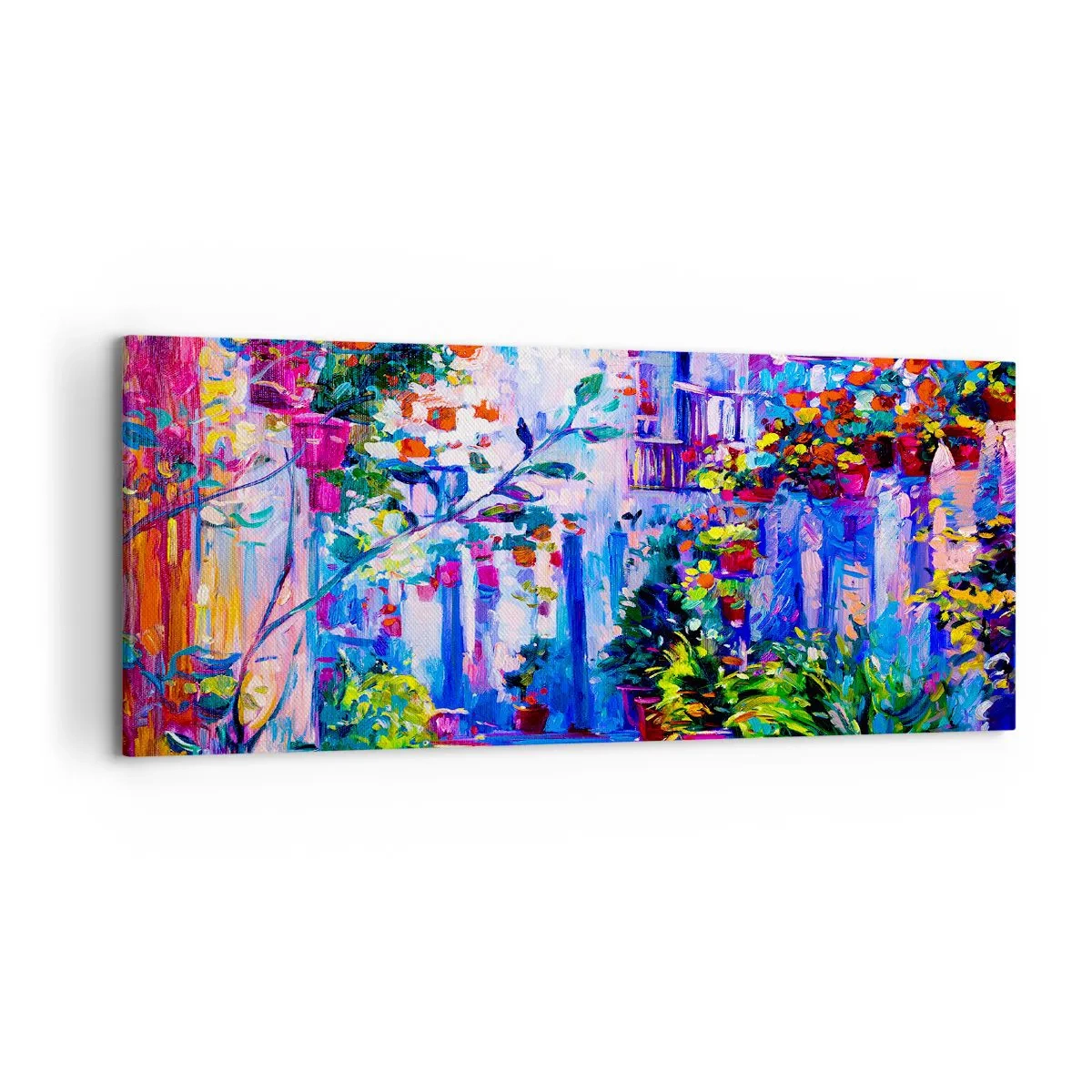 Obraz na płótnie - Kolorowa uliczka pełna kwiatów - 120x50cm - Impresja - włoska uliczka - Nowoczesna dekoracja ścienna do salonu i sypialni ARTTOR