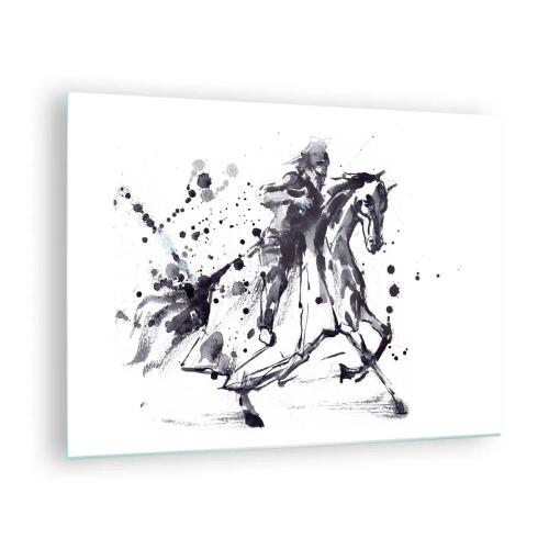 Obraz na szkle - Czarno-biały obraz jeźdźca na koniu w stylu abstrakcyjnym - 70x50cm - Czarny rycerz - Nowoczesna dekoracja ścienna do salonu i sypialni ARTTOR