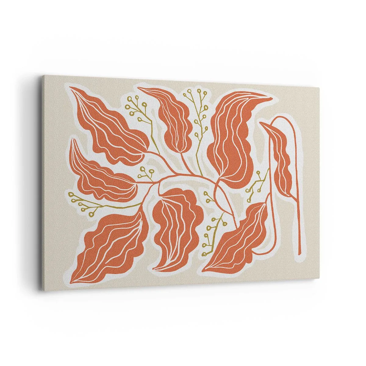 Obraz na płótnie - Minimalistyczny motyw liści w odcieniach pomarańczowego i zielonego - 100x70cm - Ludowo i koralowo - Nowoczesna dekoracja ścienna do salonu, kuchni i sypialni ARTTOR