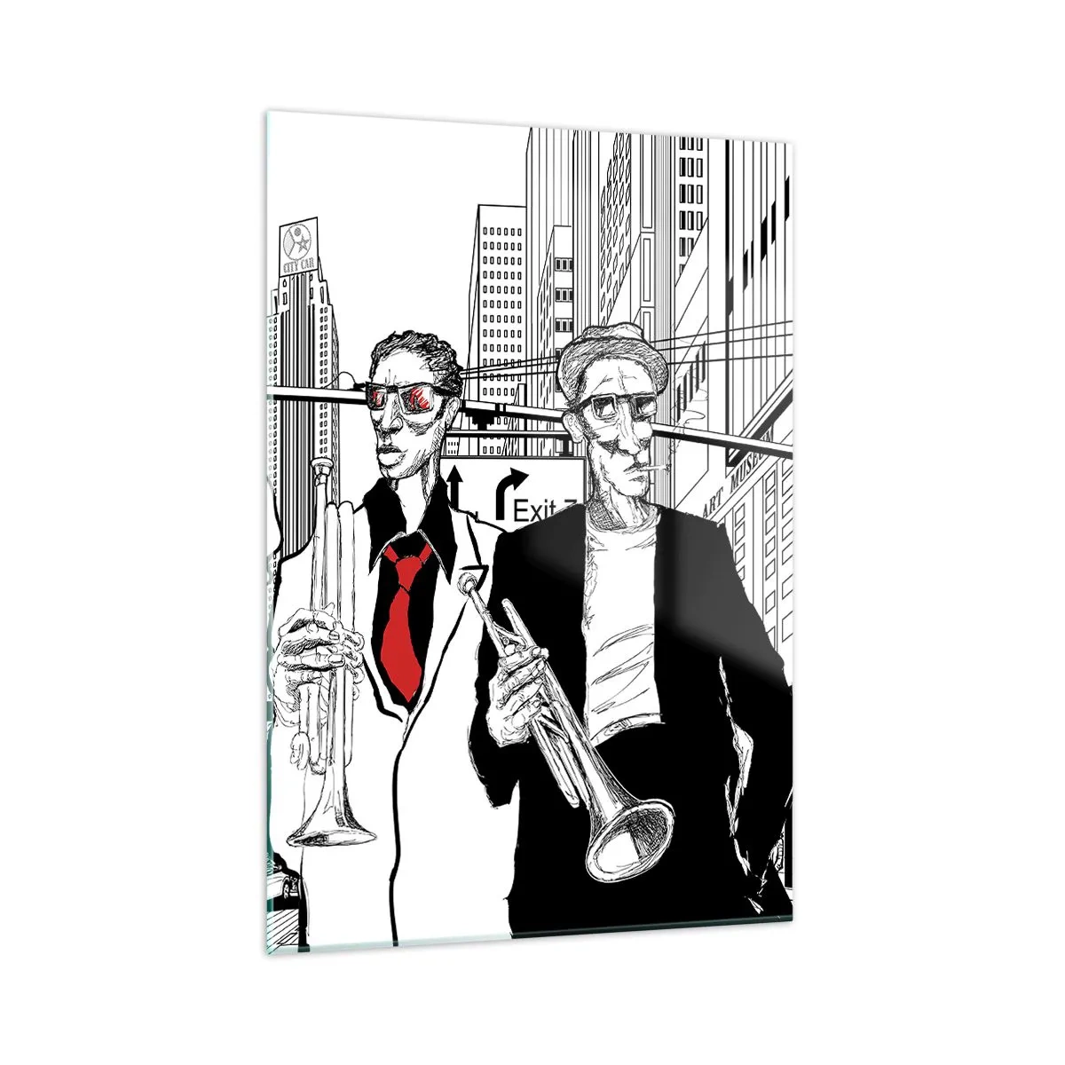 Obraz na szkle - Jazzowy zespół uliczny w nowoczesnym stylu graficznym - 50x70cm - Miejska rapsodia w czerni i czerwieni - Nowoczesna dekoracja ścienna do salonu, kuchni i sypialni ARTTOR