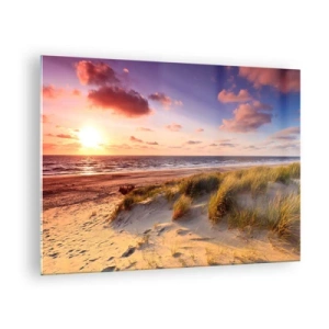 Obraz na szkle - Plaża z wydmami o zachodzie słońca - 70x50cm - Już latem pachnie powietrze - Nowoczesna dekoracja ścienna do salonu i sypialni ARTTOR