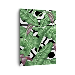 Obraz na płótnie - Tropikalne liście bananowca z geometrycznym tłem w czarno-białe wzory - 50x70cm - Kompozycja symetryczna z natury - Nowoczesna dekoracja ścienna do salonu, kuchni i sypialni ARTTOR