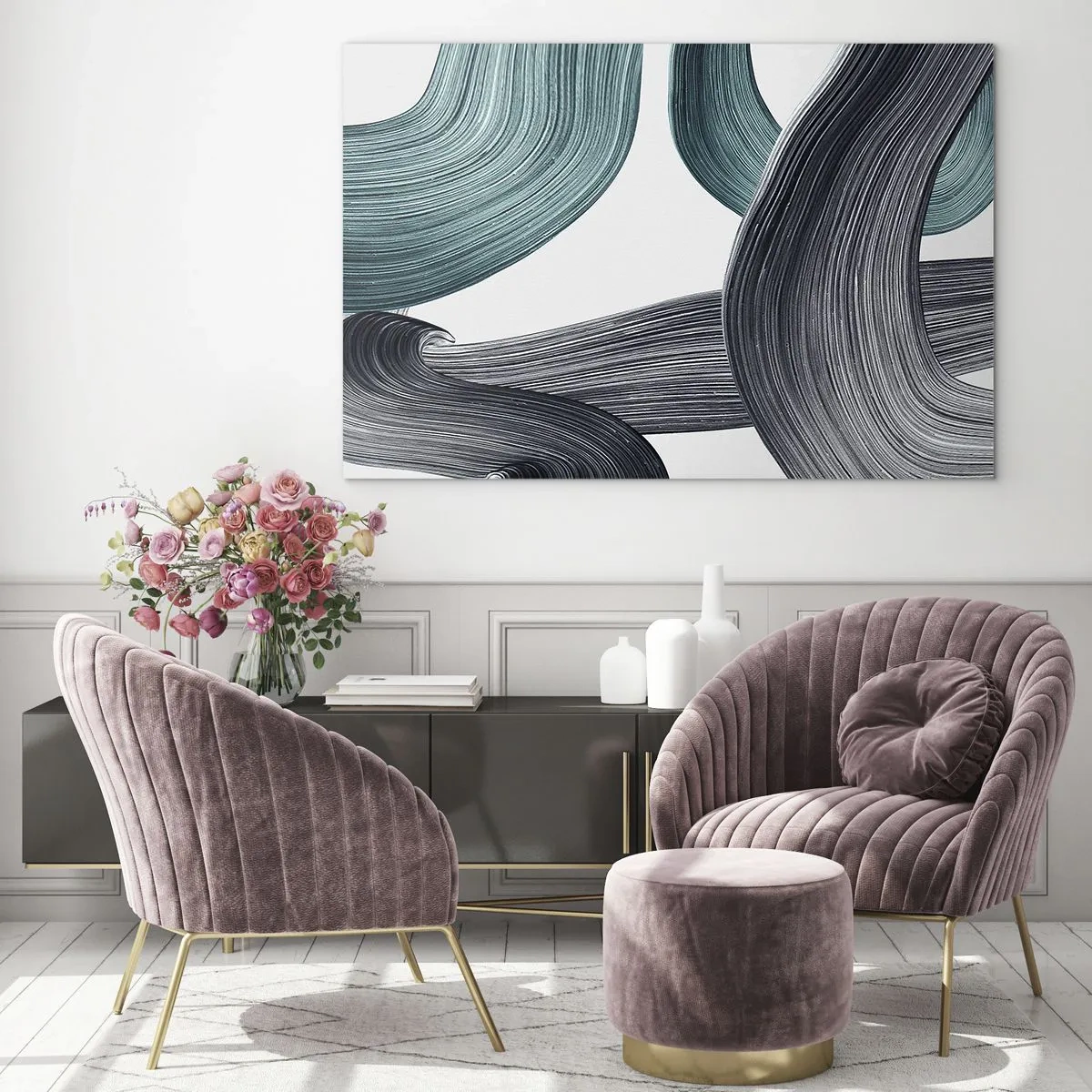 Obraz na szkle - Dynamiczne smugi w odcieniach szmaragdowym i czarnym na białym tle - 100x70cm - Szmaragdowe i czarne szlaki - Nowoczesna dekoracja ścienna do salonu, kuchni i sypialni ARTTOR