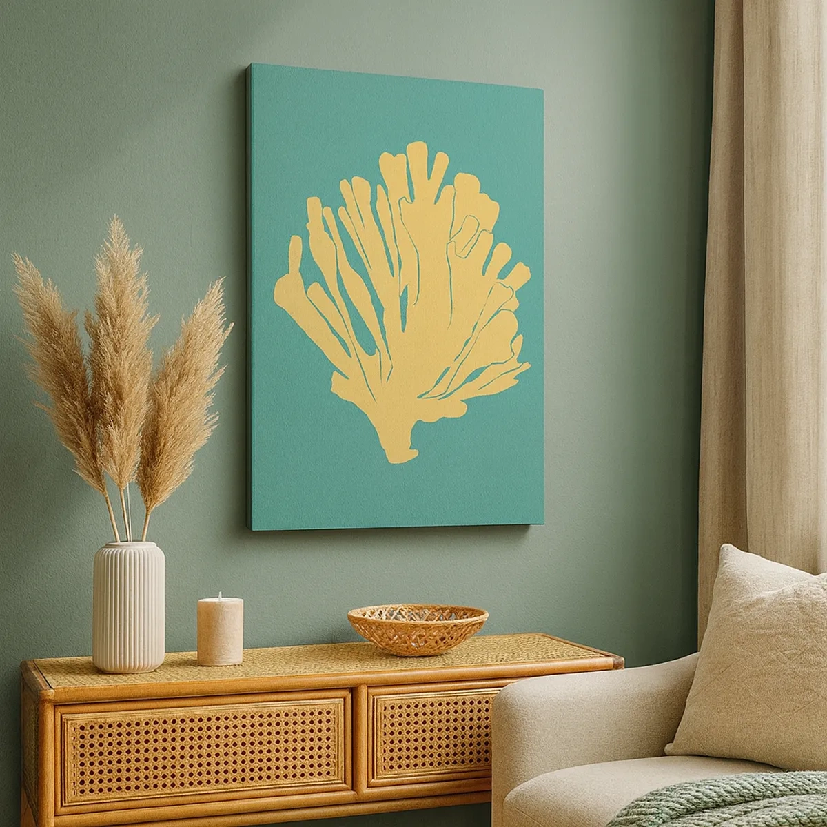 Obraz na płótnie - Minimalistyczna ilustracja koralowca w odcieniach złota na zielonym tle - 50x70cm - Krzak podwodnego lasu - Nowoczesna dekoracja ścienna do salonu, kuchni i sypialni ARTTOR