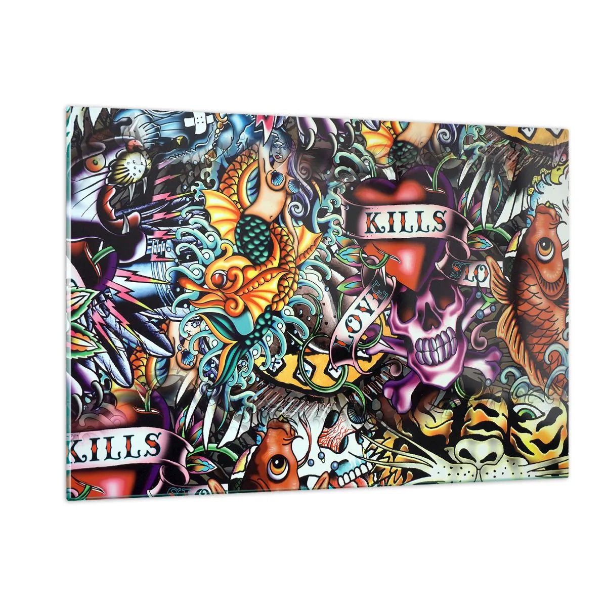 Obraz na szkle - Kolorowa kompozycja wzorów inspirowanych sztuką tatuażu - 120x80cm - Sen tatuażysty - Nowoczesna dekoracja ścienna do salonu, kuchni i sypialni ARTTOR