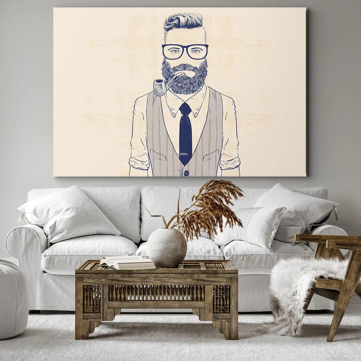 Obraz na płótnie - Stylizowany mężczyzna z brodą i fajką w okularach - 70x50cm - Pogodny, męski i modny - Nowoczesna dekoracja ścienna do salonu i sypialni ARTTOR