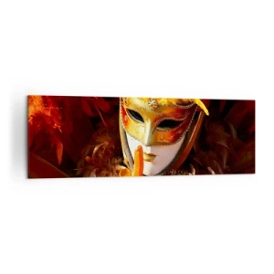 Obraz na płótnie - Maska karnawałowa w odcieniach złota i pomarańczu - 160x50cm - Tajemnica to część gry - Nowoczesna dekoracja ścienna do salonu i sypialni ARTTOR