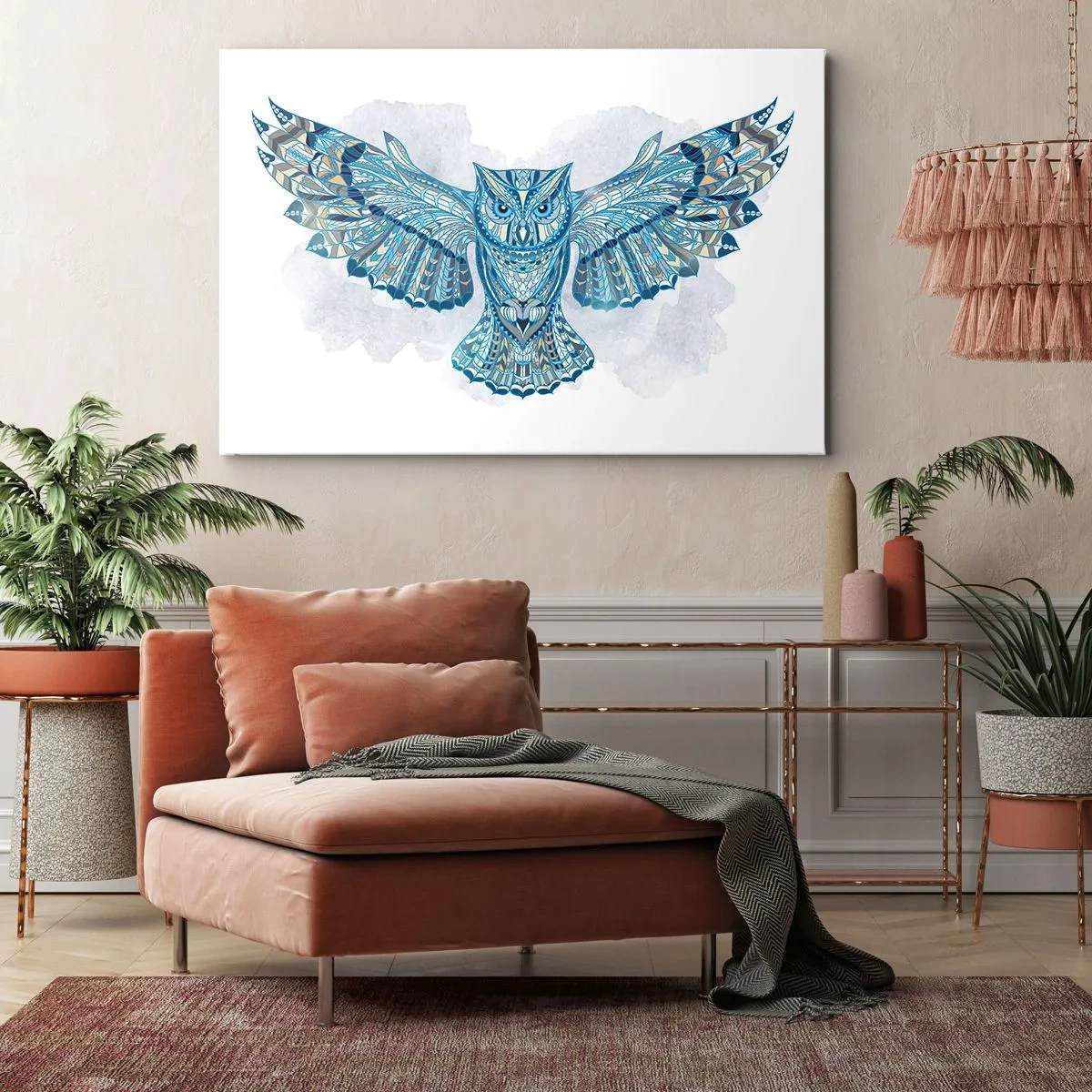 Obraz na płótnie - Dekoracyjna sowa w błękitnych odcieniach - 100x70cm - Z celtyckiego świętego gaju - Nowoczesna dekoracja ścienna do salonu, kuchni i sypialni ARTTOR