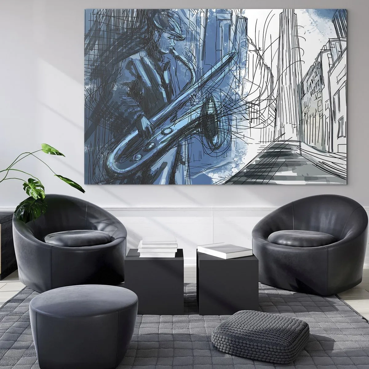 Obraz na szkle - Jazzowy saksofonista w miejskiej scenerii w odcieniach niebieskiego - 70x50cm - Miejska rapsodia - Nowoczesna dekoracja ścienna do salonu i sypialni ARTTOR