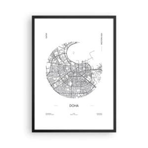 Plakat w czarnej ramie - Minimalistyczna mapa Dohy w czarno-białym stylu - 50x70cm - Anatomia Dohy - Nowoczesna dekoracja ścienna do salonu i sypialni ARTTOR