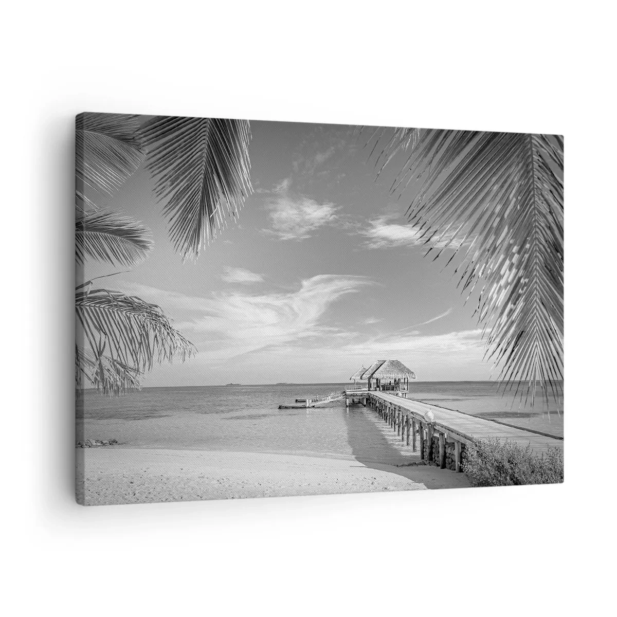 Obraz na płótnie - Czarno-biała plaża z molo i palmami na tropikalnym wybrzeżu - 70x50cm - Wspomnienie czy marzenie? - Nowoczesna dekoracja ścienna do salonu i sypialni ARTTOR