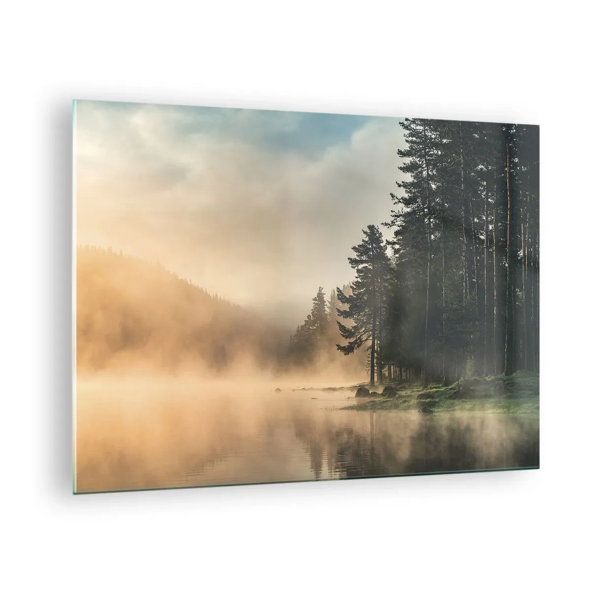 Obraz na szkle - Mglisty poranek nad leśnym jeziorem - 70x50cm - Narodziny dnia - Nowoczesna dekoracja ścienna do salonu i sypialni ARTTOR