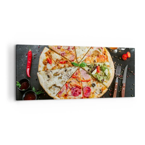 Obraz na płótnie - Pizza w różnych smakach na tle z dodatkami - 120x50cm - Wachlarz smaków - Nowoczesna dekoracja ścienna do salonu i sypialni ARTTOR