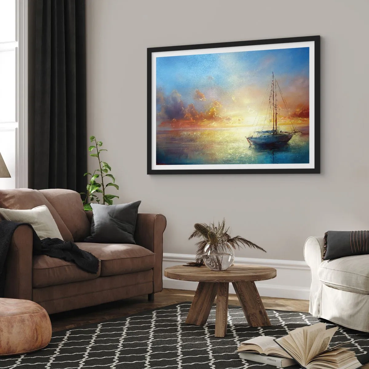 Plakat w czarnej ramie - Jacht na spokojnym morzu o zachodzie słońca - 100x70cm - W złotej zatoce - Nowoczesna dekoracja ścienna do salonu i sypialni ARTTOR