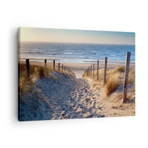 Obraz na płótnie - Ścieżka przez wydmy prowadząca na plażę - 70x50cm - Morza szum, ptaków śpiew, dzika plaża pośród traw… - Nowoczesna dekoracja ścienna do salonu i sypialni ARTTOR