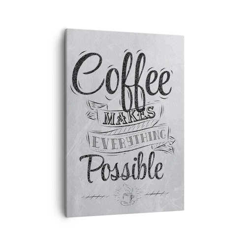 Obraz na płótnie - Czarno-biały napis 'Coffee makes everything possible' w stylu vintage - 50x70cm - Jak tu nie kochać kawy - Nowoczesna dekoracja ścienna do salonu, kuchni i sypialni ARTTOR