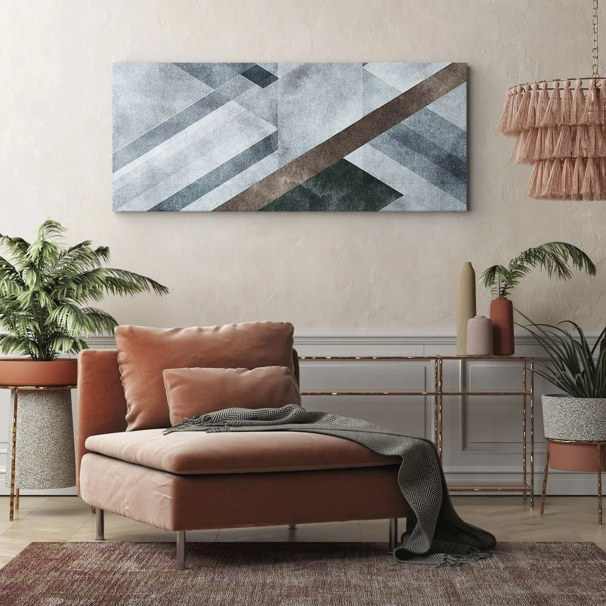 Obraz na płótnie - Geometryczne formy w chłodnych odcieniach błękitu i brązu - 140x50cm - Wyszukana elegancja geometrii - Nowoczesna dekoracja ścienna do salonu i sypialni ARTTOR