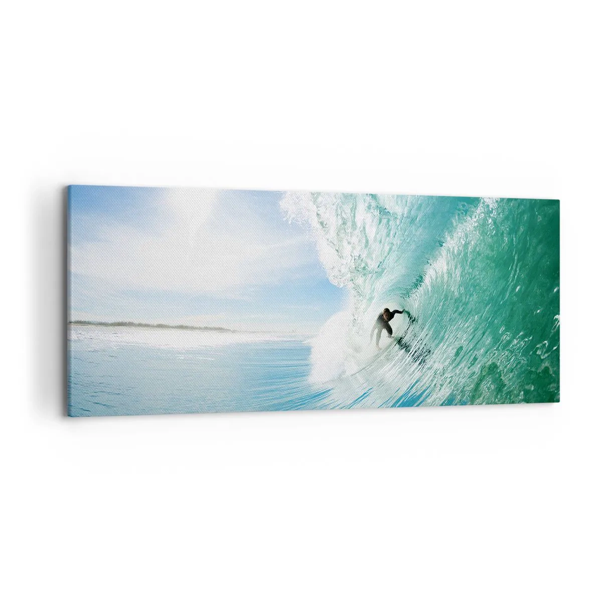 Obraz na płótnie - Surfer na fali w świetle słońca na tle błękitnego nieba - 120x50cm - Zawsze na fali - Nowoczesna dekoracja ścienna do salonu i sypialni ARTTOR