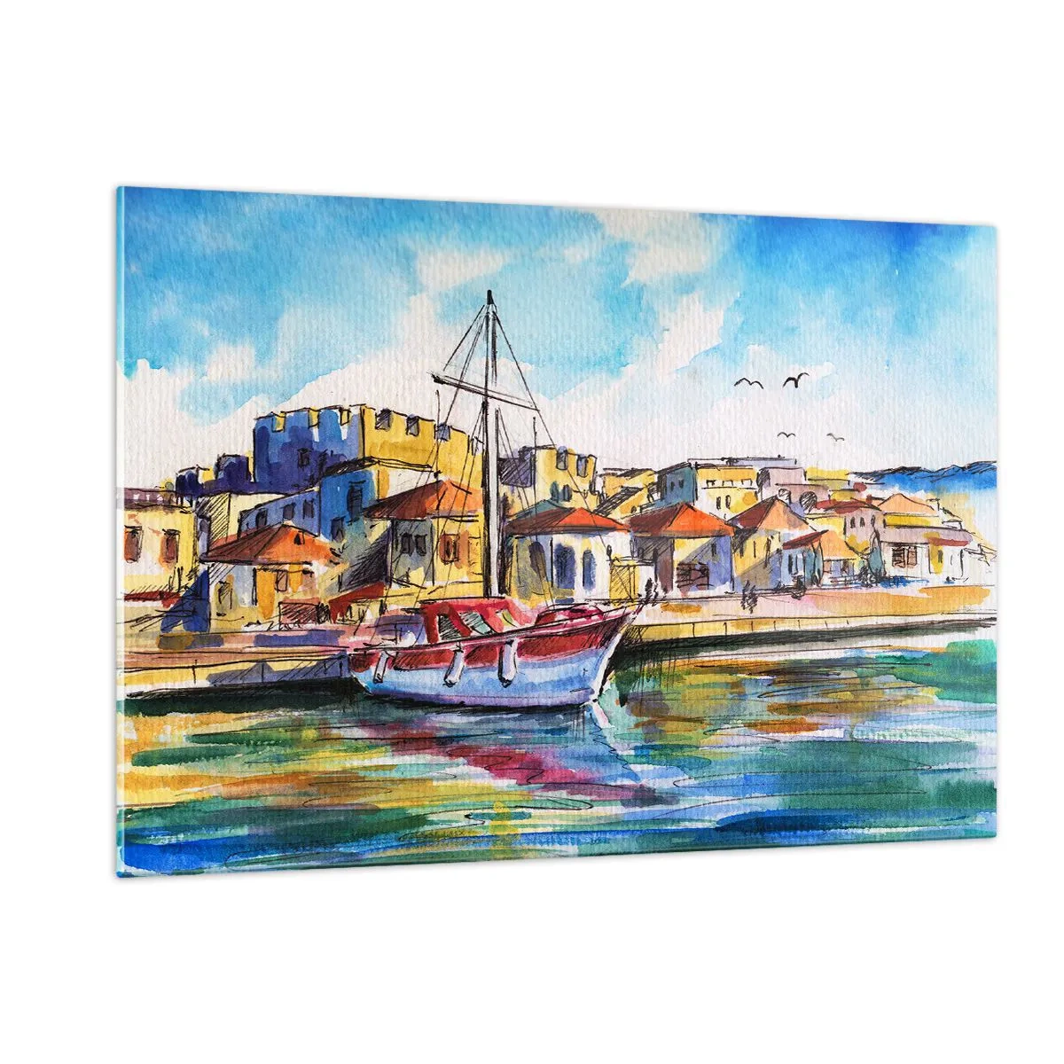 Obraz na szkle - Kolorowa marina z żaglówką i śródziemnomorską zabudową - 120x80cm - Tęczowe popołudnie - Nowoczesna dekoracja ścienna do salonu, kuchni i sypialni ARTTOR