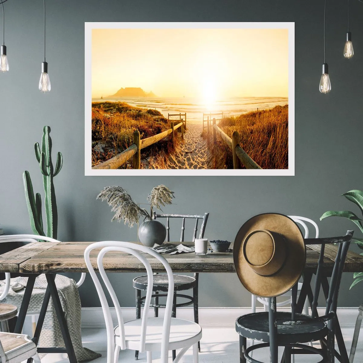 Plakat - Ścieżka na plażę podczas złotego zachodu słońca - 100x70cm - Przez wydmę, w stronę słońca - Nowoczesna dekoracja ścienna do salonu i sypialni ARTTOR