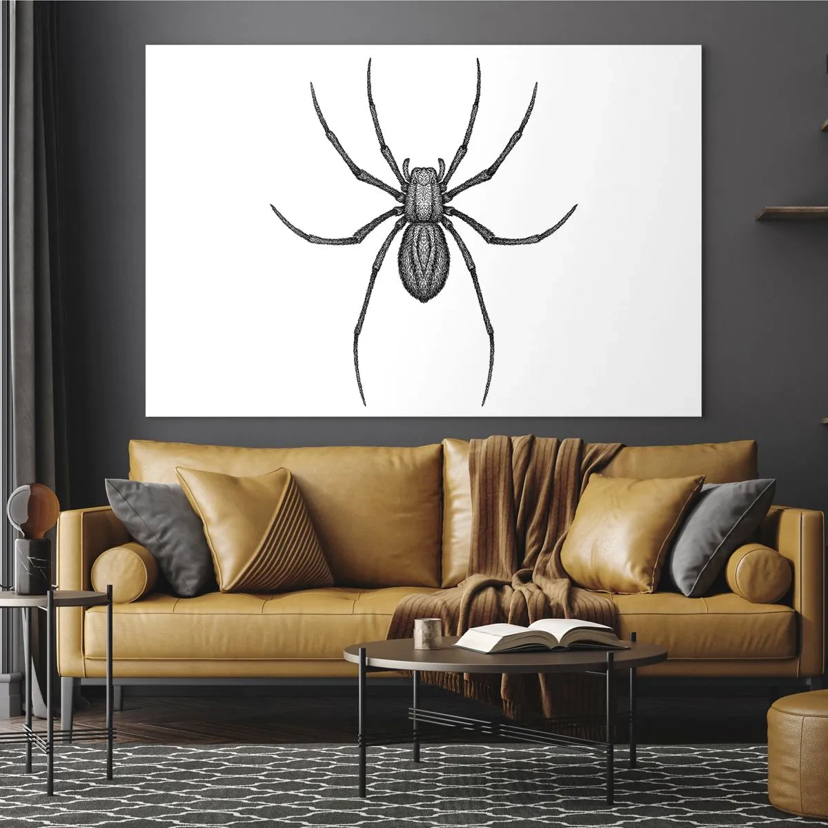 Obraz na szkle - Ilustracja czarnego pająka na białym tle w stylu retro - 70x50cm - Niepokojąca precyzja - Nowoczesna dekoracja ścienna do salonu i sypialni ARTTOR