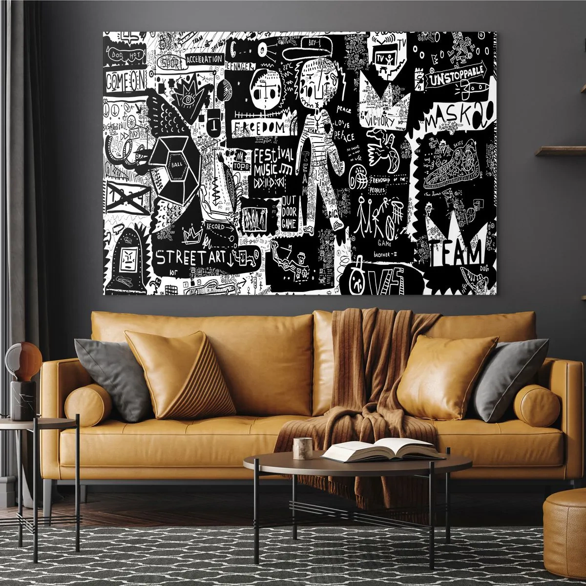 Obraz na szkle - Czarno-biała grafika w stylu street art z postaciami i symbolami - 120x80cm - Duchowej młodości prawa i radości - Nowoczesna dekoracja ścienna do salonu, kuchni i sypialni ARTTOR