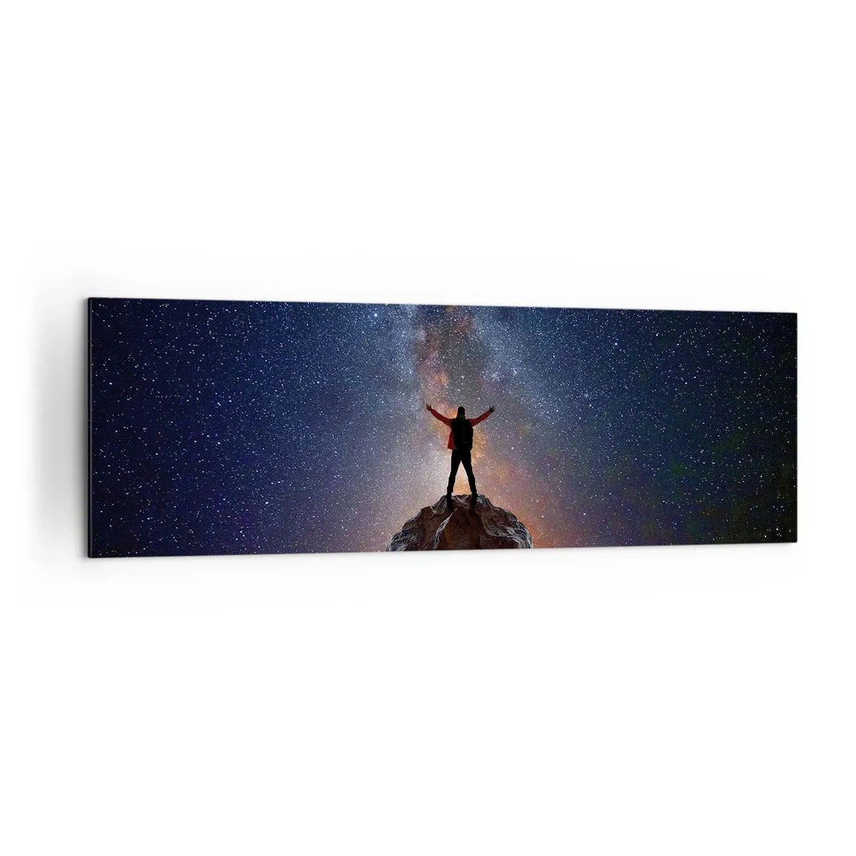 Obraz na płótnie - Postać na szczycie góry pod rozgwieżdżonym niebem - 160x50cm - Moc jest ze mną! - Nowoczesna dekoracja ścienna do salonu i sypialni ARTTOR