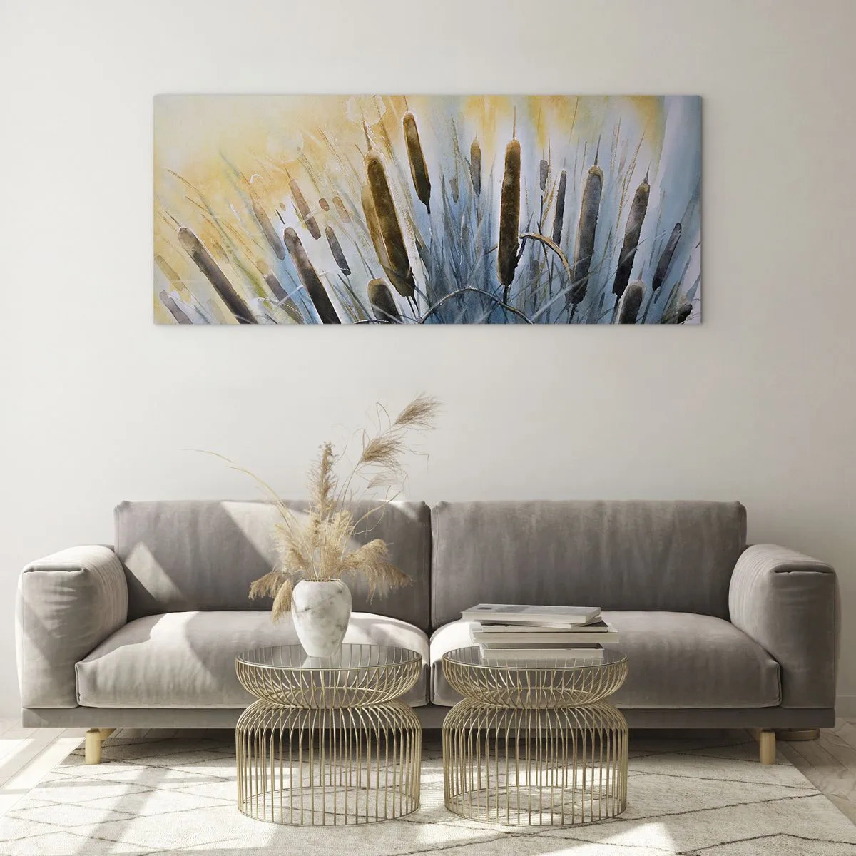 Obraz na szkle - Malownicze trzciny w promieniach słońca - 120x50cm - Chłód wody, słońca żar - Nowoczesna dekoracja ścienna do salonu i sypialni ARTTOR