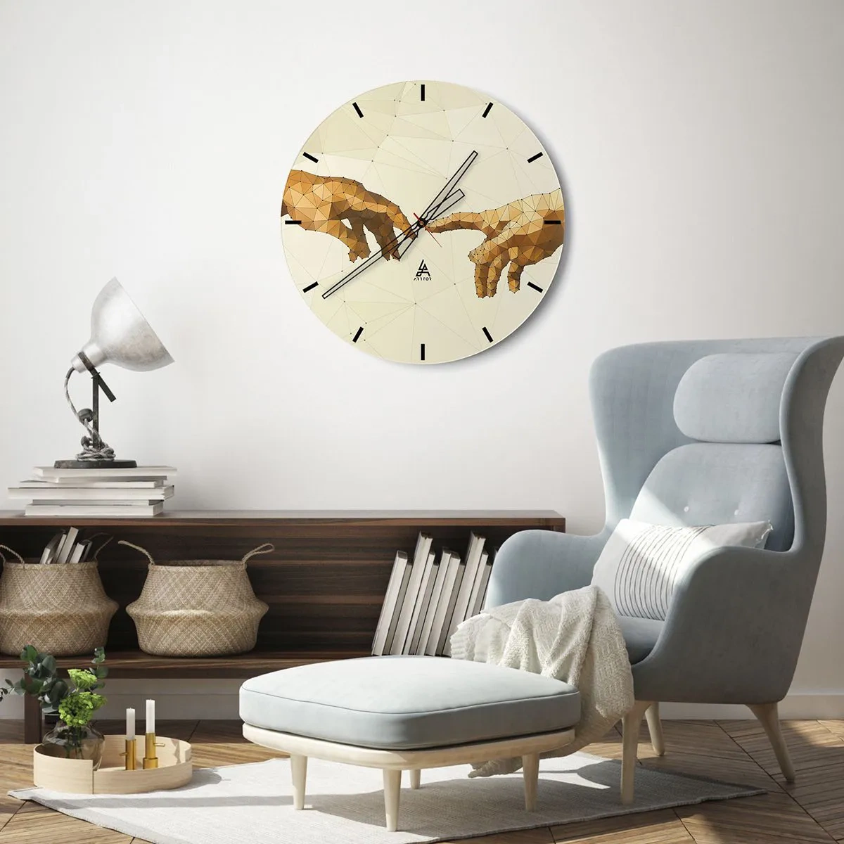 Zegar ścienny - Dwie dłonie w stylu geometrycznym z punktami połączeń - 30x30cm - Boska geometria - Nowoczesna dekoracja ścienna do salonu, kuchni i sypialni ARTTOR