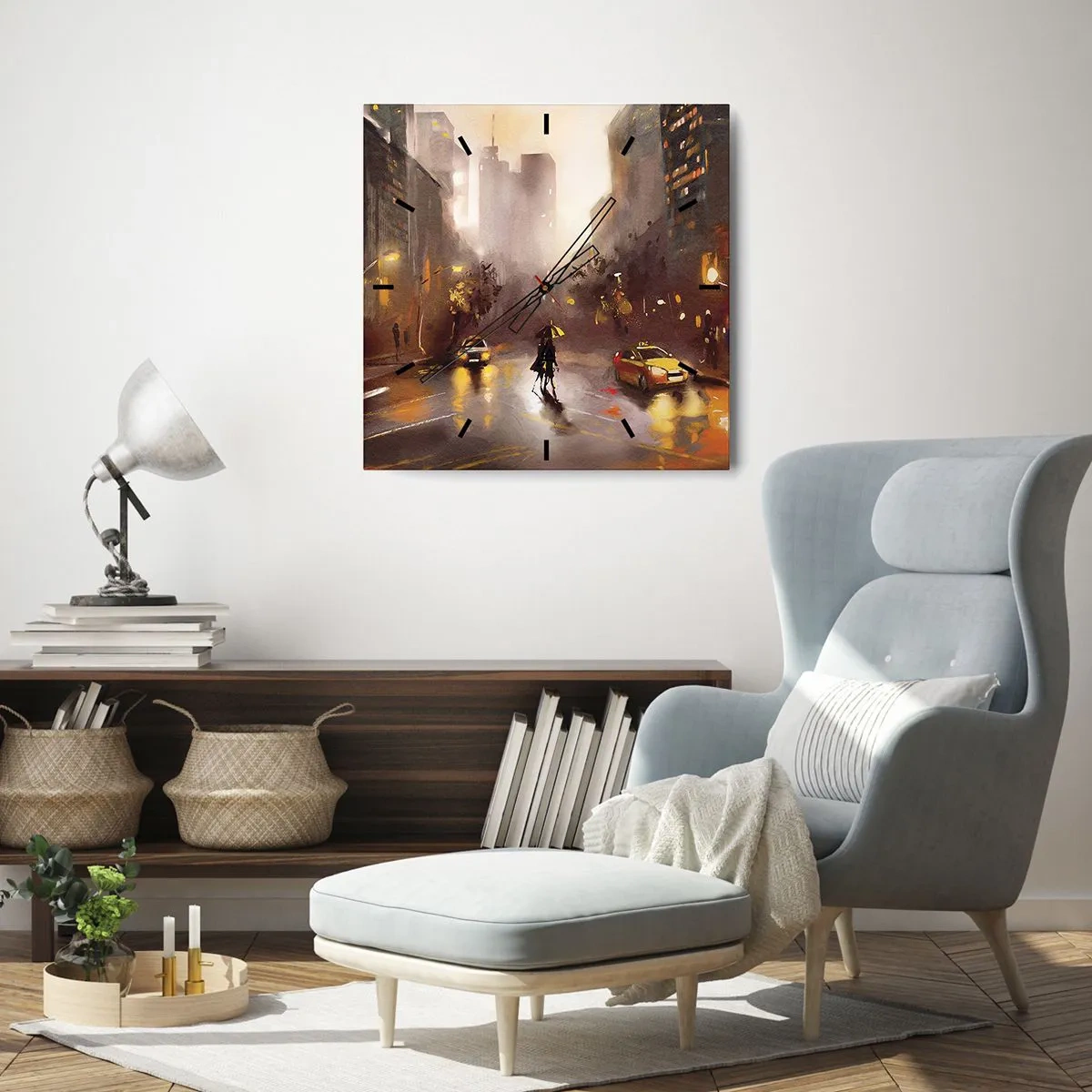 Zegar ścienny - Miejska scena nocą w świetle latarni i refleksach na mokrej ulicy - 30x30cm - W światłach Nowego Jorku - Nowoczesna dekoracja ścienna do salonu i sypialni ARTTOR