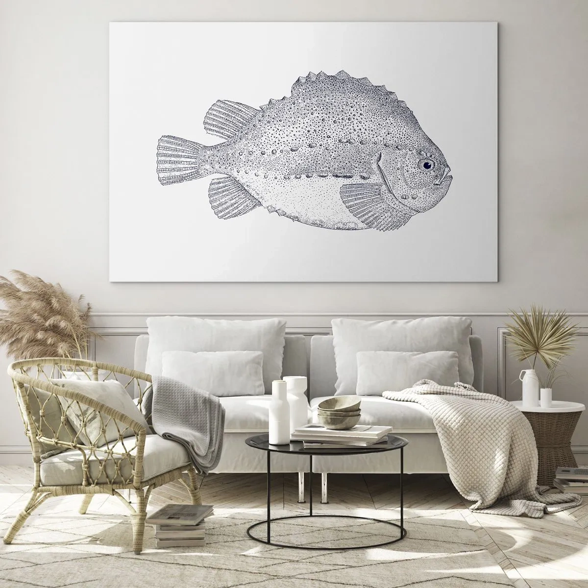 Obraz na szkle - Szczegółowa rycina ryby na białym tle w stylu przyrodniczym - 70x50cm - Do albumu przyrodnika - Nowoczesna dekoracja ścienna do salonu i sypialni ARTTOR