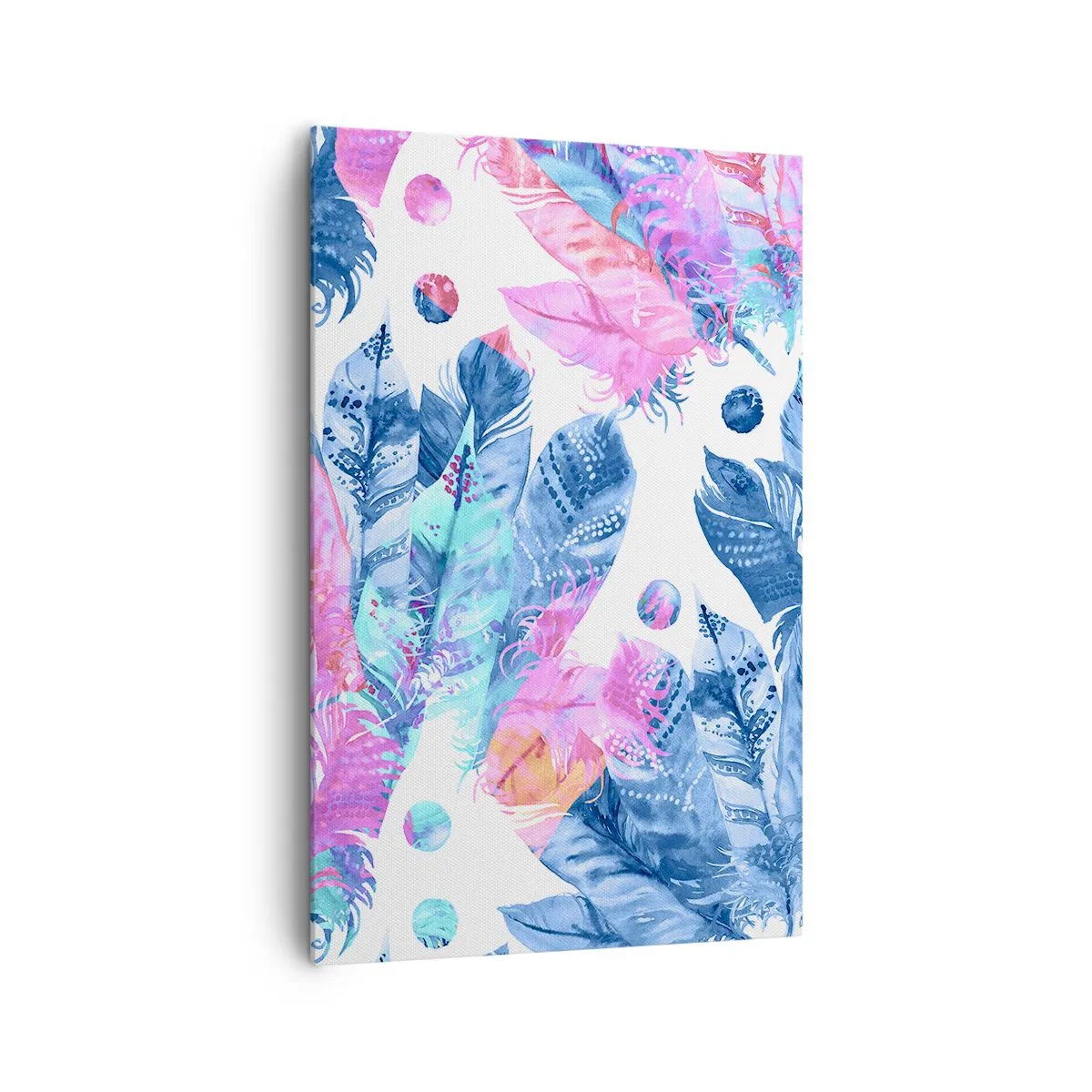 Obraz na płótnie - Abstrakcyjny wzór z kolorowymi piórami w pastelowych odcieniach - 80x120cm - Pióropusze w różu i błękicie - Nowoczesna dekoracja ścienna do salonu i sypialni ARTTOR