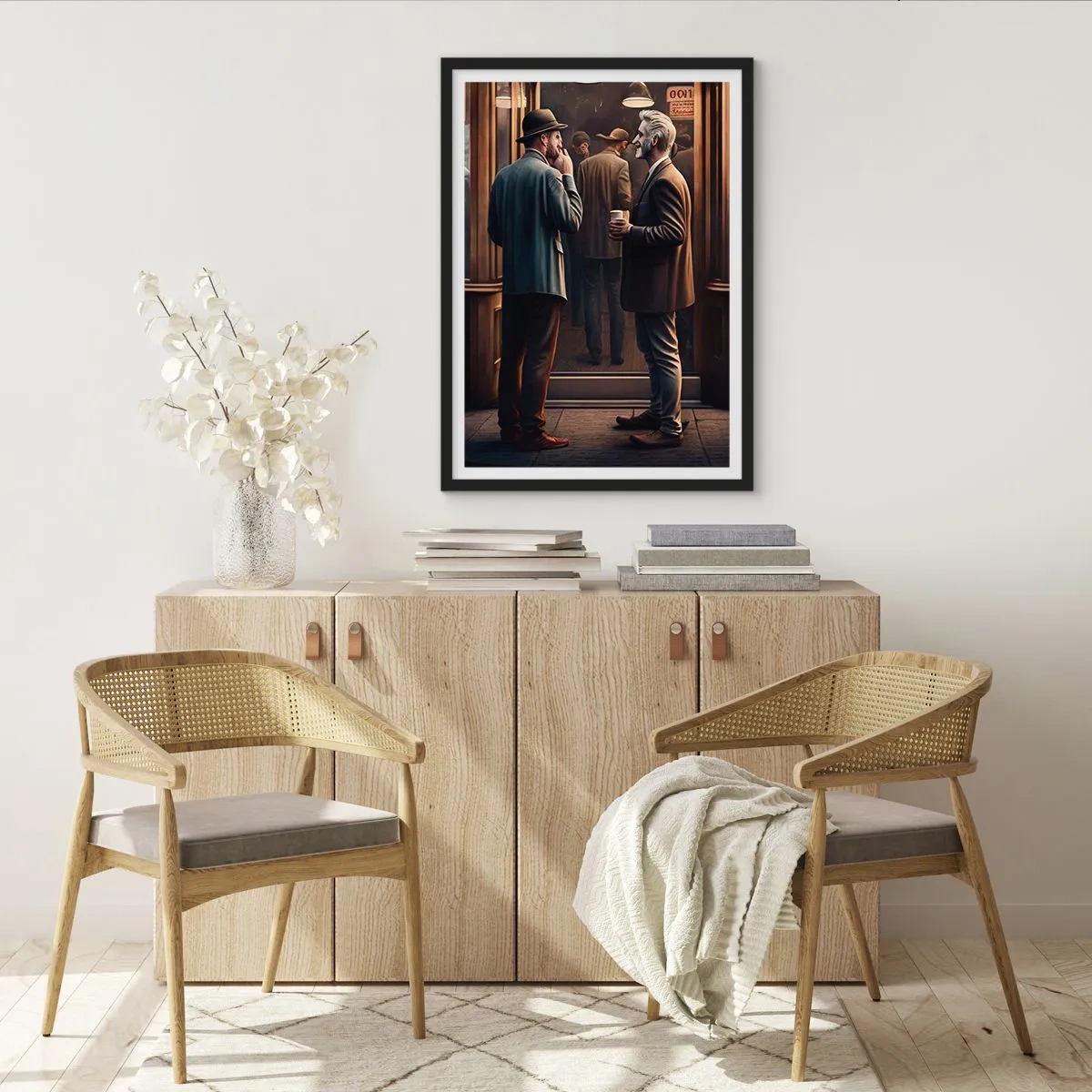Plakat w czarnej ramie - Rozmowa dwóch eleganckich mężczyzn przed kawiarnią - 50x70cm - Dobra chwila dnia - Nowoczesna dekoracja ścienna do salonu i sypialni ARTTOR